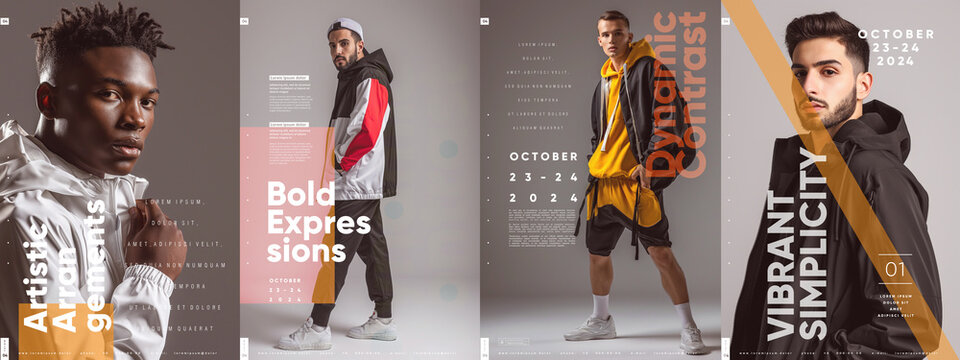 Set of sleek fashion posters with male models, highlighting neutral tones and pops of color with modern design elements. Typography poster design.