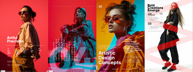 Vibrant fashion posters featuring stylish models, bold typography, and striking color contrasts. Typography poster design.