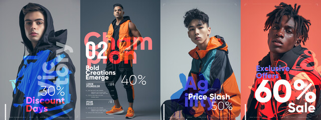 Collection of fashion sale banners with male models, bold typography, and discounts announcements. Typography poster design.