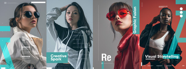 Modern fashion posters with models sporting sunglasses, featuring a mix of bold typography and geometric shapes. Typography poster design.