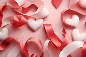 Valentines day background with hearts and ribbons. 3d render