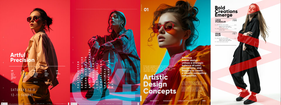 Vibrant fashion posters featuring stylish models, bold typography, and striking color contrasts. Typography poster design.