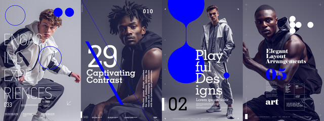 Series of four monochromatic fashion posters with male models and bold blue graphic elements and typography.