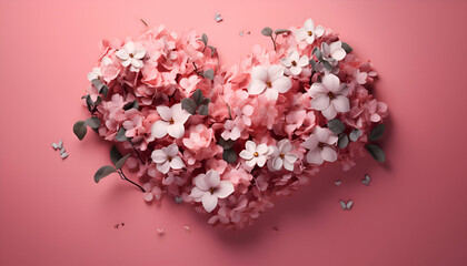 Paper flowers in shape of heart on pink background. top view. Space for text