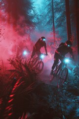 Photo of cyclists going down a hill at night