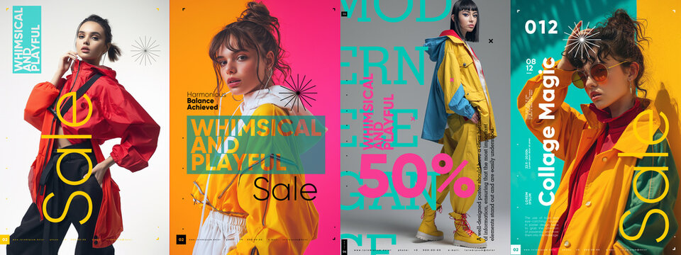 Vibrant set of four fashion sale banners with playful typography and models in colorful outfits. Typography poster design. - Powered by Adobe
