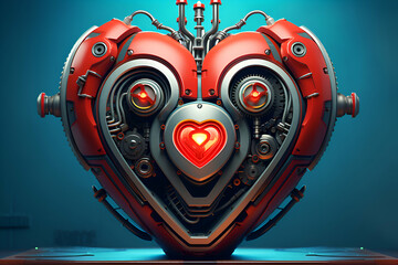 3d rendering of a robot with red heart on the blue background