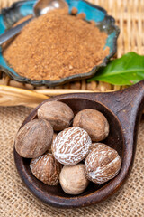 Tasty winter spice whole dried and ground powder nutmeg, used as an ingredient in many dishes, eggnog, potato, mulled wine
