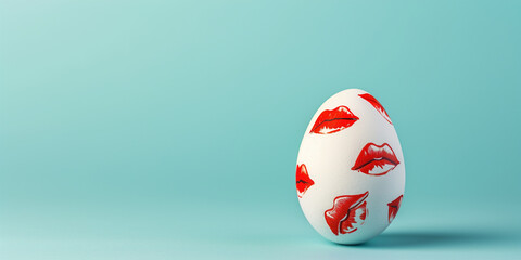 Funny Easter banner with copy space. A white egg with painted red lipstick kisses on a teal blue background. A pop art lips, punk, shouty, quirky Easter concept design. A playful & unique.