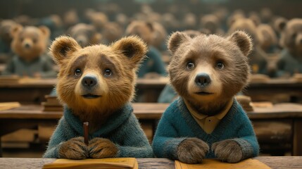 two bears sitting at a school desk, school learning. Generative AI - obrazy, fototapety, plakaty