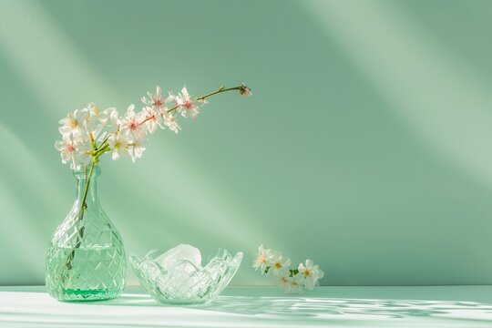 Glassware: ice cream bowl, a bottle and vase on a green background