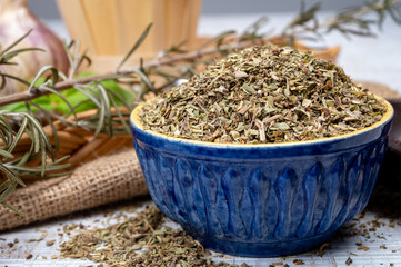 Herbes de Provence, mixture of dried herbs typical of the Provence region, blends often contain savory, marjoram, rosemary, thyme, oregano, lavender leaves, used with grilled food and stew
