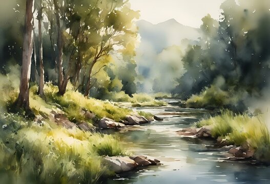 a painting of the stream running through some grass and trees
