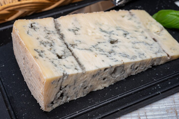 Italian food, buttery or firm blue cheese made from cow milk in Gorgonzola, Milan, Italy