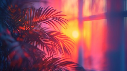 window palm leaf in the rays of sunset blurred background neon colors. Generative AI