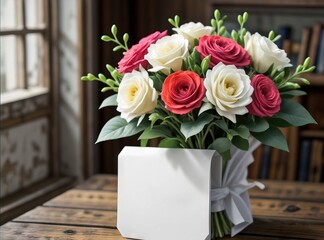 Bouquet of flowers roses sits on a table, accompanied by a blank card, mother day, saint valentine day, love concept