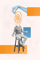 Vertical creative collage poster sitting young man confused hypnosis spiral instead head faceless...