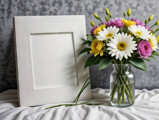 vase of flowers sits on a table in front of a white background.