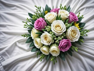 bouquet of pink and white roses sits on a white cloth, mother day, saint valentine day, love