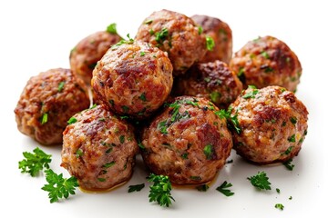 A pile of meatballs covered in fresh green parsley. Perfect for meat lovers and food enthusiasts. - obrazy, fototapety, plakaty