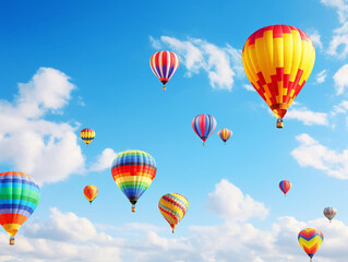 Vibrant hot air balloons in various colors floating in a clear blue sky.
