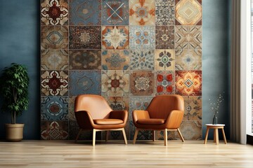 Elegant mosaic wall with glossy tiles organized in a lovely pattern. Background is a wooden block backdrop with an arabesque design. Generative AI