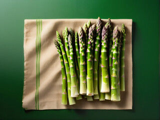 Fresh asparagus arranged in a heap on a green background, captured in a top-down view. Presented in a flat lay style, highlighting its health benefits.