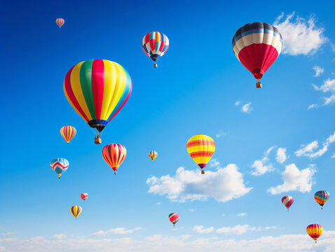 Vibrant hot air balloons painted in various colors floating against a clear blue sky.