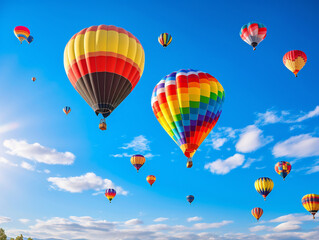 Vibrant hot air balloons fill the blue sky, showcasing an eye-catching and stylish color combination.