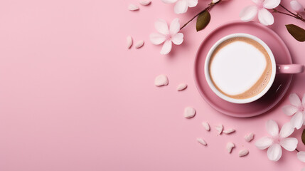 Captivating Pink Cappuccino: Trendy Coffee Concept with Stylish Aesthetic, White Flower Petals, and Copy Space for Text on an Isolated Background - Perfect for Your Morning Ritual