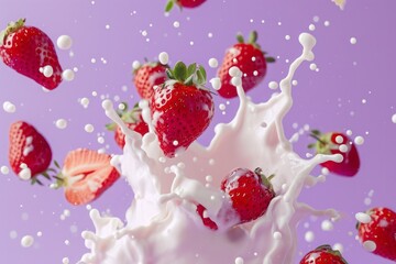Flying splashes of yogurt and strawberries against pastel purple background