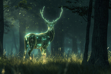 glowing deer looks away from the dark forest