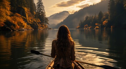 As the misty fog settled over the tranquil lake, a lone woman paddled her canoe towards the fiery sunset, surrounded by the serene beauty of nature's embrace