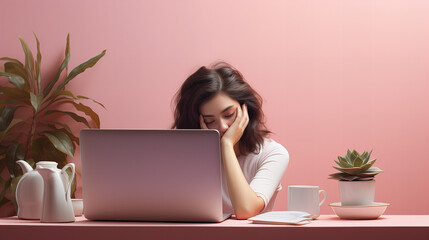 Woman working on laptop, Young frustrated exhausted woman laid her head thinking and looking in her...