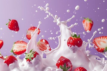 Obraz na płótnie Canvas Splashes of yogurt and strawberries, pastel purple background