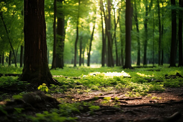 Obraz premium Immerse yourself in the calming vibes of a sun-dappled park where green trees and a serene atmosphere create a tranquil escape. AI generative.