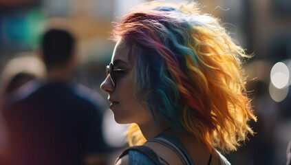 A girl with rainbow hair walking around in the sun, in the style of optical color mixing, detailed...