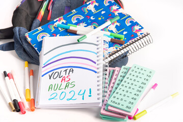 School supplies, school supplies in backpack with notebook written back to school 2024, white...
