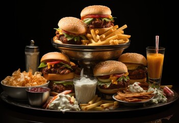 Fototapeta na wymiar A tempting spread of indulgent american fast food, featuring juicy burgers and crispy fries, awaits on the table, ready to satisfy cravings and bring comfort in every bite