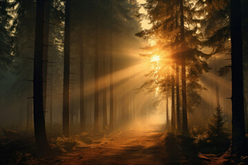 Step into a tranquil woodland setting with green trees and sun-dappled forest floor capturing the serene and peaceful ambiance of a summer day. AI generative.