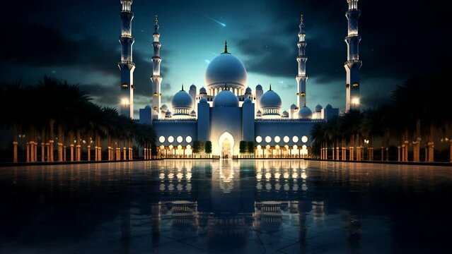 This background of a stunning mosque at night with shooting stars overhead is appropriate for Ramadan, Eid al-Fitr, Eid al-Adha, and other Islamic holidays. 4k