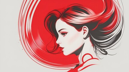 A striking depiction of a woman with red hair on a red background, symbolizing Women's Day.