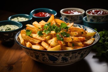 An indulgent spread of crispy, golden french fries adorned with an array of flavorful dips, perfect for satisfying cravings and adding a touch of comfort to any indoor meal