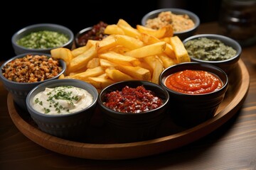 A tempting tray of crispy fries and various flavorful dips, perfect for a savory snack or side dish at any indoor gathering