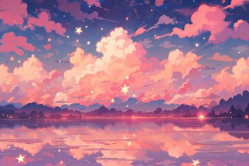 pink aesthetic sunset background in pixel art style. - obrazy, fototapety, plakaty
