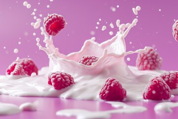 Flying splashes of yogurt and raspberries against pastel purple background