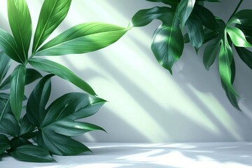 Creative layout of colorful riskus leaves on a white background in the rays of the sun, with shadows. Minimal summer exotic concept with copy space. generative ai.