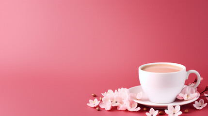 Fototapeta na wymiar Captivating Pink Cappuccino: Trendy Coffee Concept with Stylish Aesthetic, White Flower Petals, and Copy Space for Text on an Isolated Background - Perfect for Your Morning Ritual