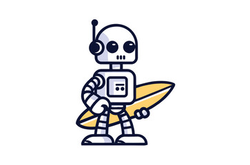Cute Robot bring a surfboard for surfing Cartoon Vector Icon Illustration. Science Food Icon Concept Isolated Premium Vector. Flat Cartoon Style