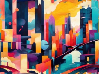 Seamless pattern with colorful urban city, abstract painting, generative, AI.
